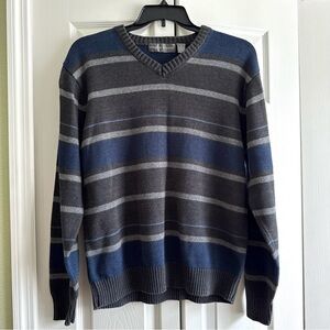 Oscar De La Renta Sweater Mens V-Neck Blue Gray Striped Knit Cotton Blend